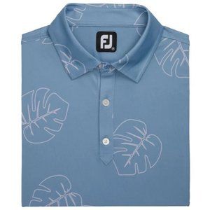 FootJoy Jungle Leaf Print Lisle Self Collar Golf Polo Denim/Dusty Purple XL